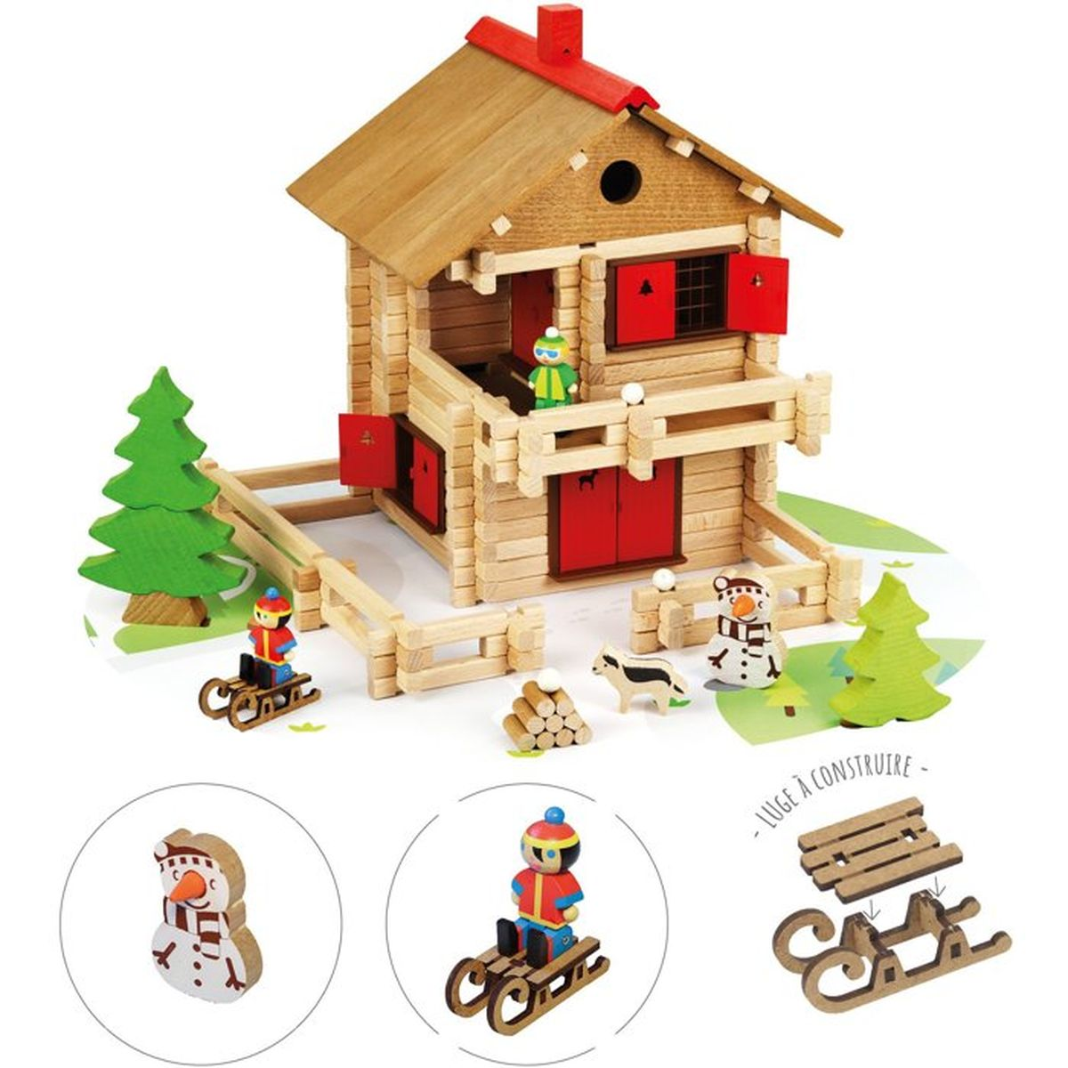 Casa di legno con figure, alberi e slitte a tema neve.