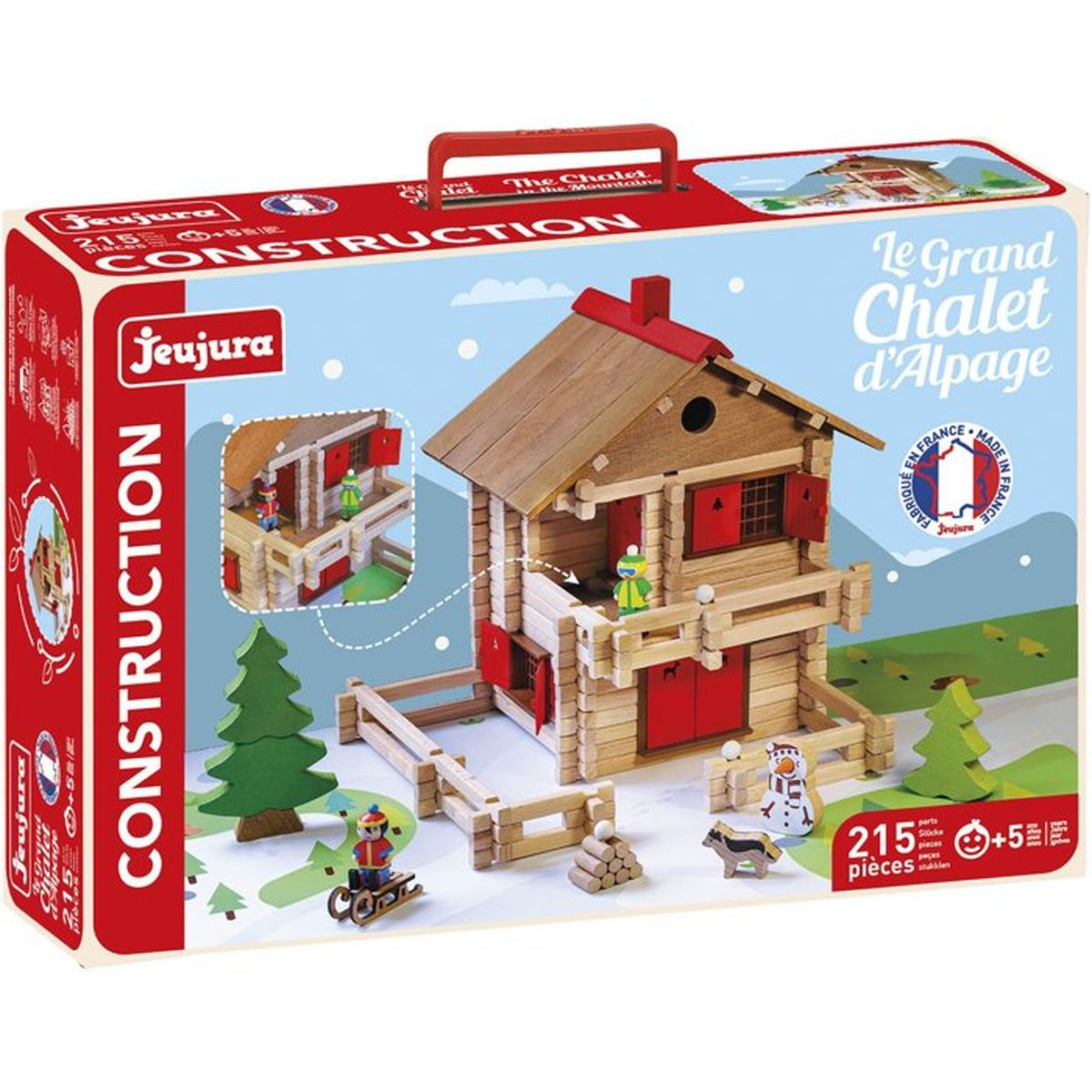 Scatola giocattolo "Le Grand Chalet d'Alpage" con blocchi di legno, figure e accessori.