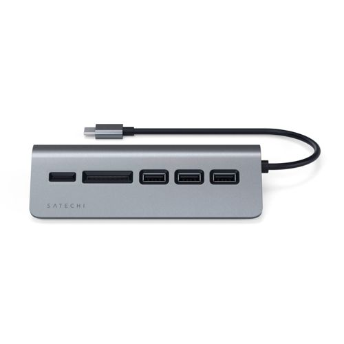 Un concentrador USB-C Satechi plateado con puertos SD, microSD y 3 USB-A.