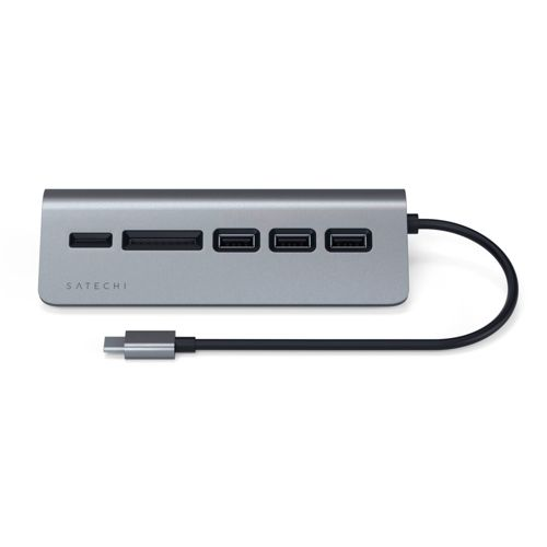 Hub USB-C gris con ranuras para tarjetas SD y puertos USB, con cable.