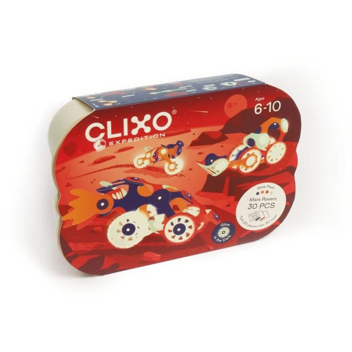 Scatola giocattolo Clixo Expedition Mars Rovers con 30 pezzi, età 6-10. Elementi fosforescenti.