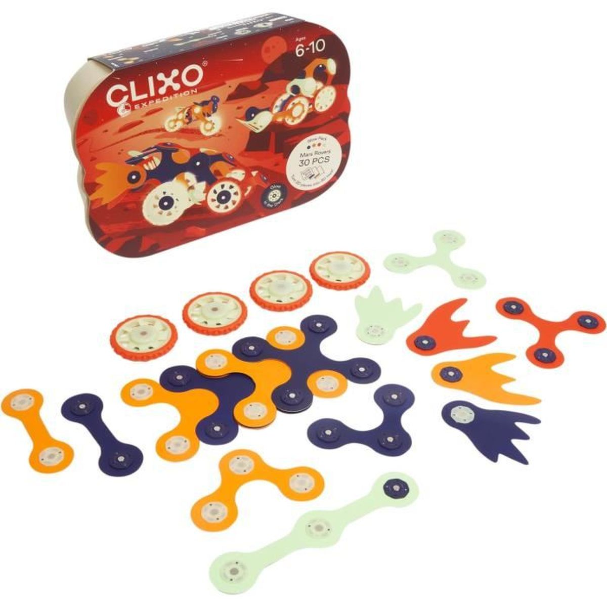Set di costruzione Clixo Mars Rover con pezzi arancioni, blu e verdi e ruote.