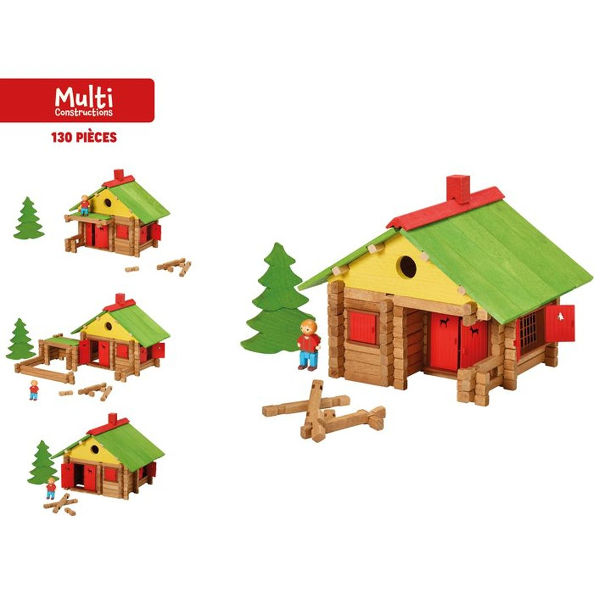 Case giocattolo in legno con alberi e figure. Un grande set di costruzioni.