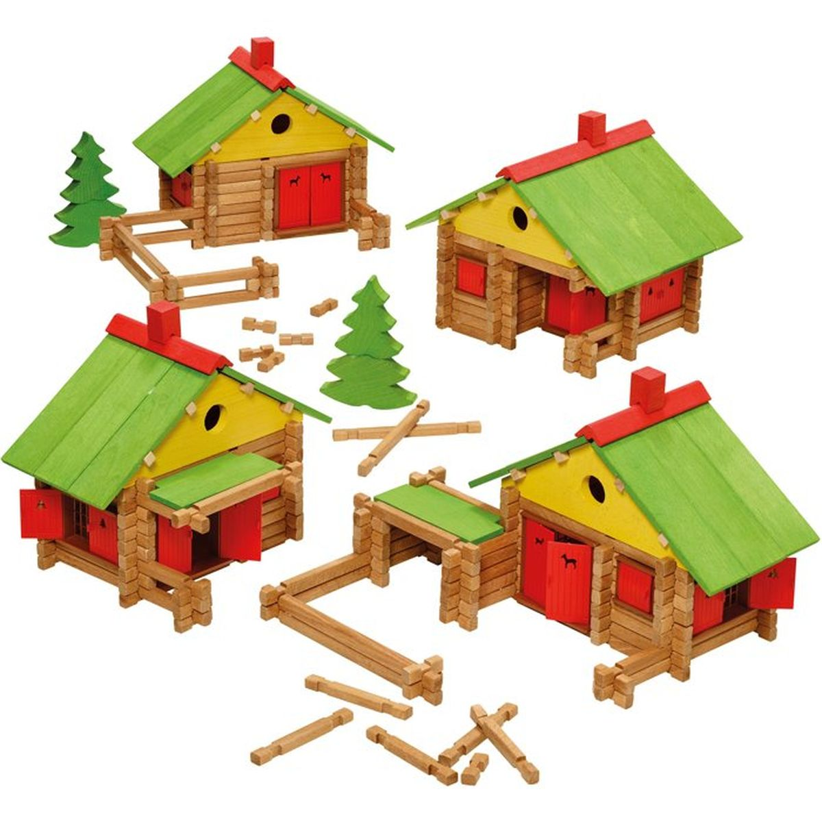 Case giocattolo in legno con tetti verdi, porte rosse e pareti gialle.