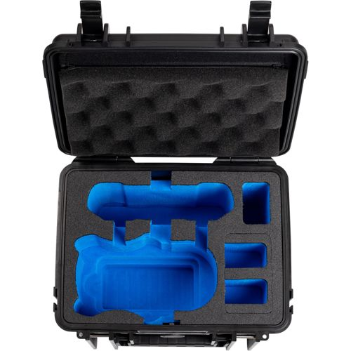Custodia nera con inserto in schiuma blu con un ritaglio sagomato per un dispositivo.