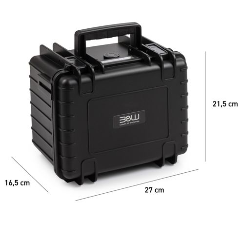 Custodia nera con manico. Dimensioni: 27x21,5x16,5 cm.