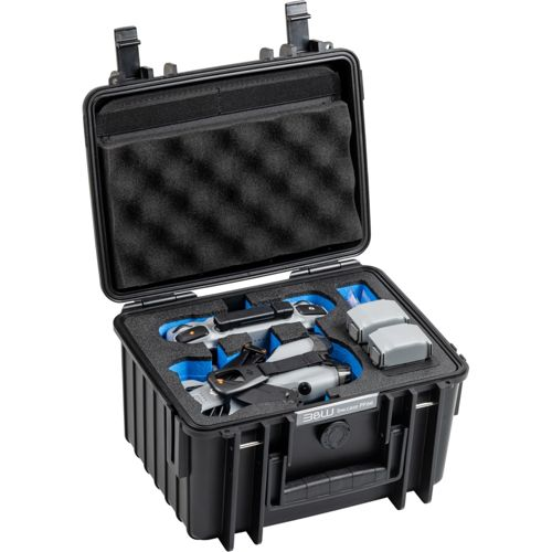 Una custodia nera con un drone bianco, due batterie e inserto in schiuma.