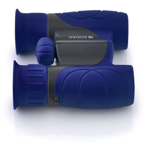 Binocolo Kodak compatto blu e grigio con impugnature in gomma e rotella di messa a fuoco.