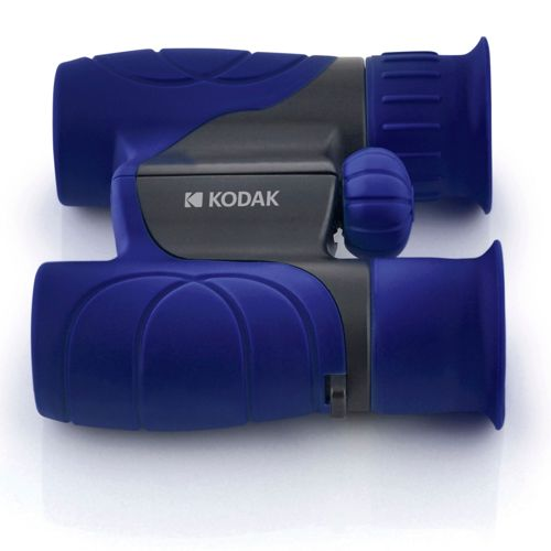 Binocolo Kodak blu con accenti grigi, su sfondo bianco.