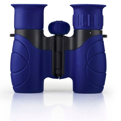 Binocolo blu con rotella di messa a fuoco nera e supporto per cinghia.