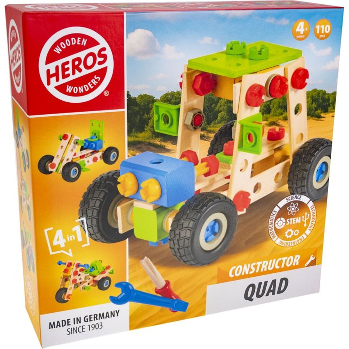 Set di costruzione in legno per un quad costruttore con pezzi e attrezzi colorati.