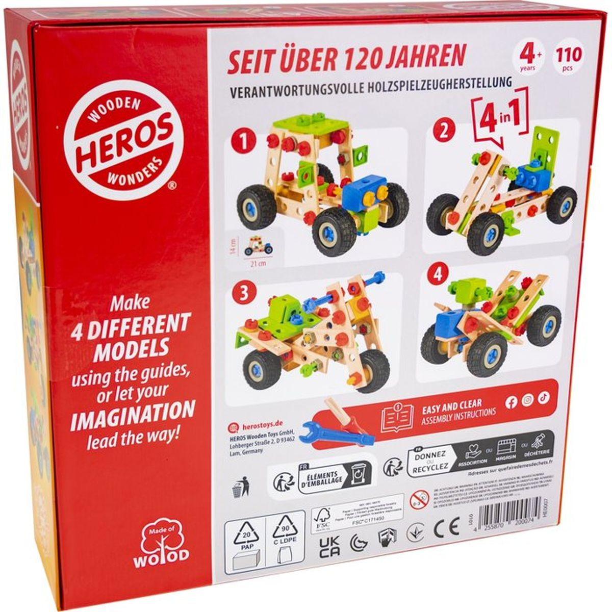 Scatola di un set di costruzioni in legno che mostra quattro esempi di modelli: trattore, carrello elevatore, moto, caricatore.
