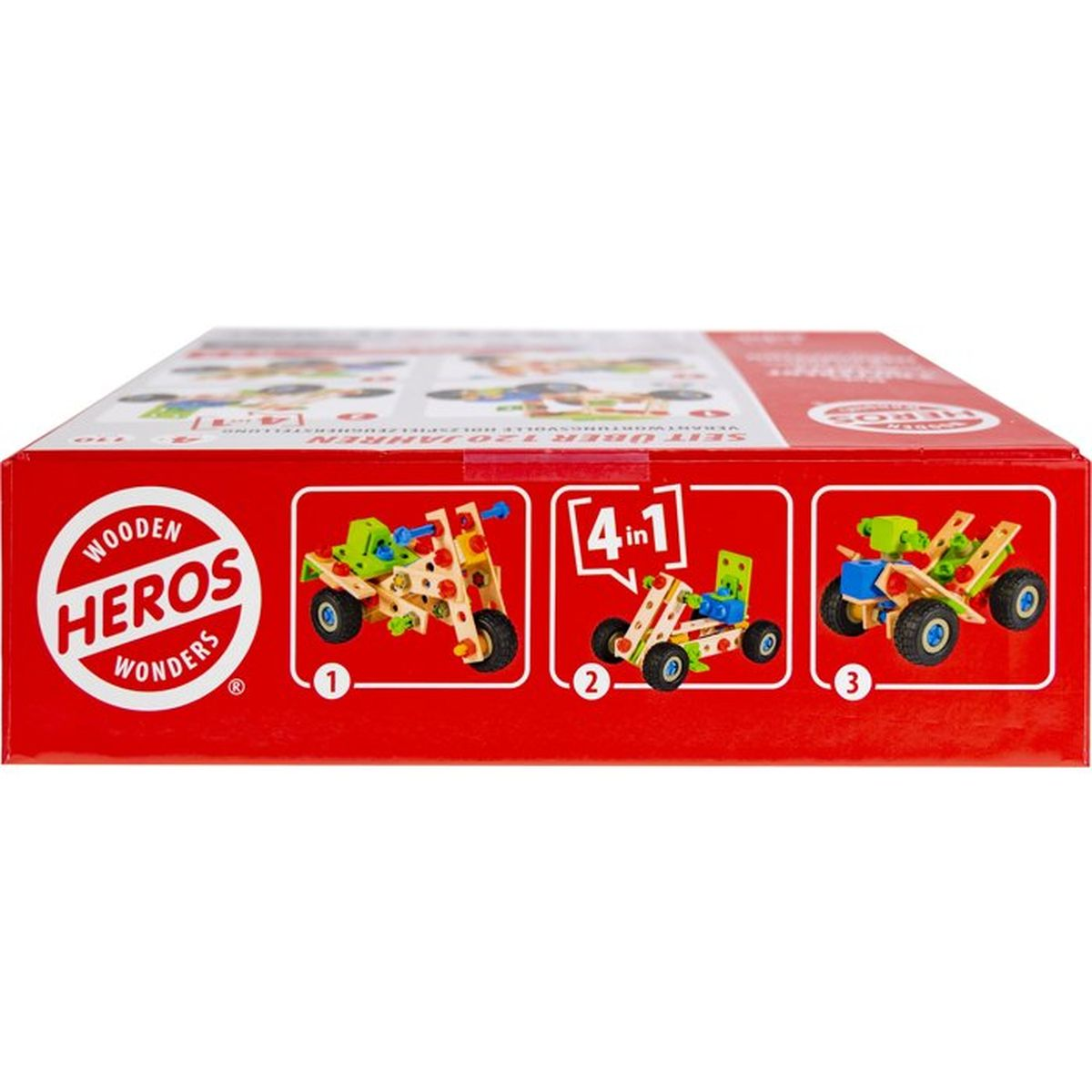 Lato della scatola: Logo Wooden Heroes Wonders, opzioni giocattolo 4 in 1: moto, auto, camion.