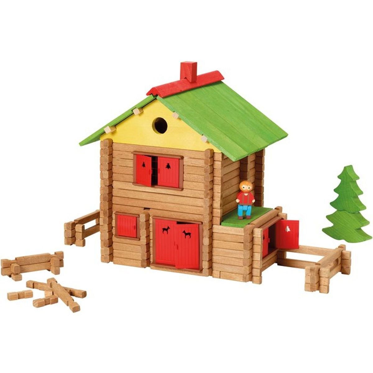 Casa di legno con porte rosse, tetto verde, ragazzino e albero.