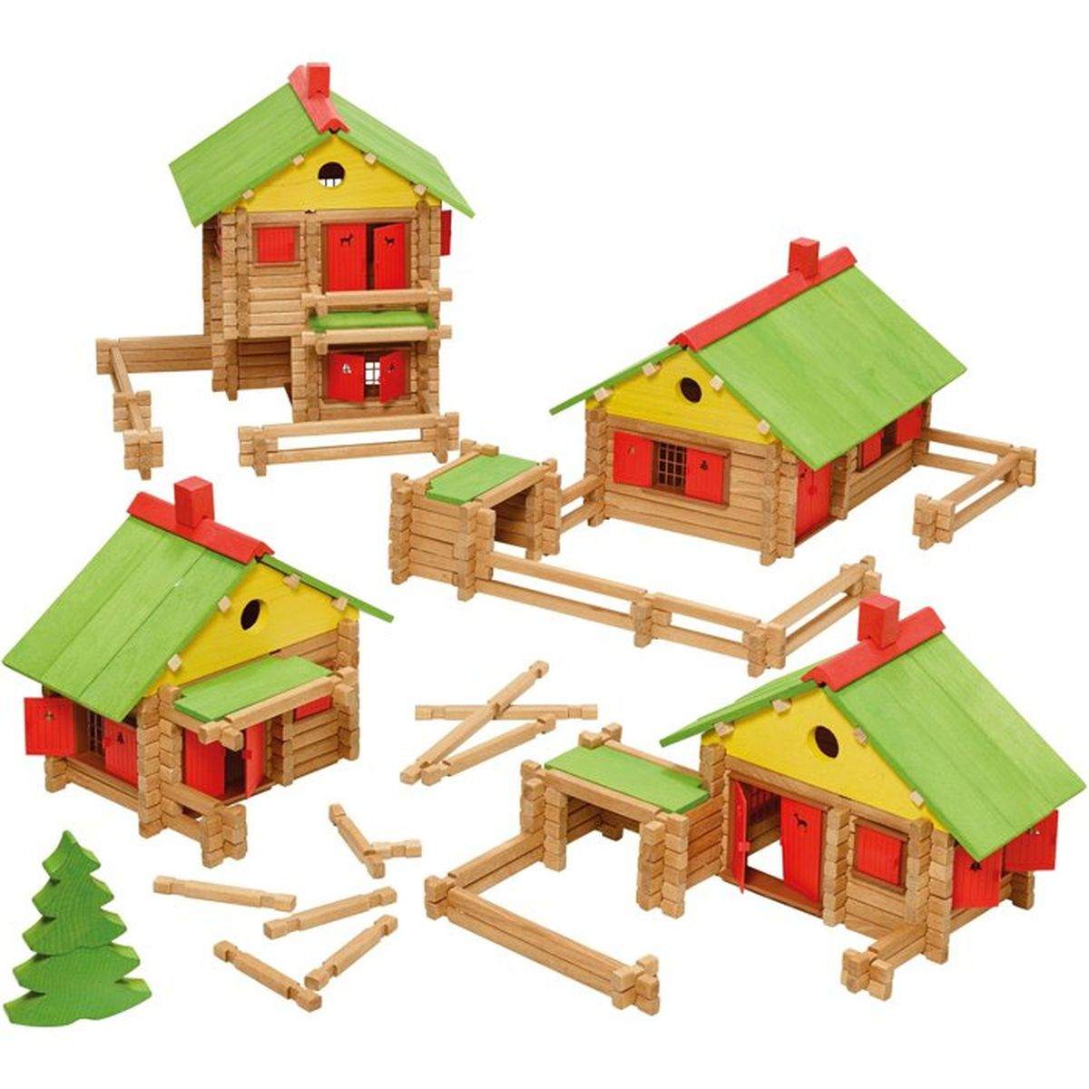 Blocchi di legno colorati mostrano quattro case con tetti verdi e porte rosse.