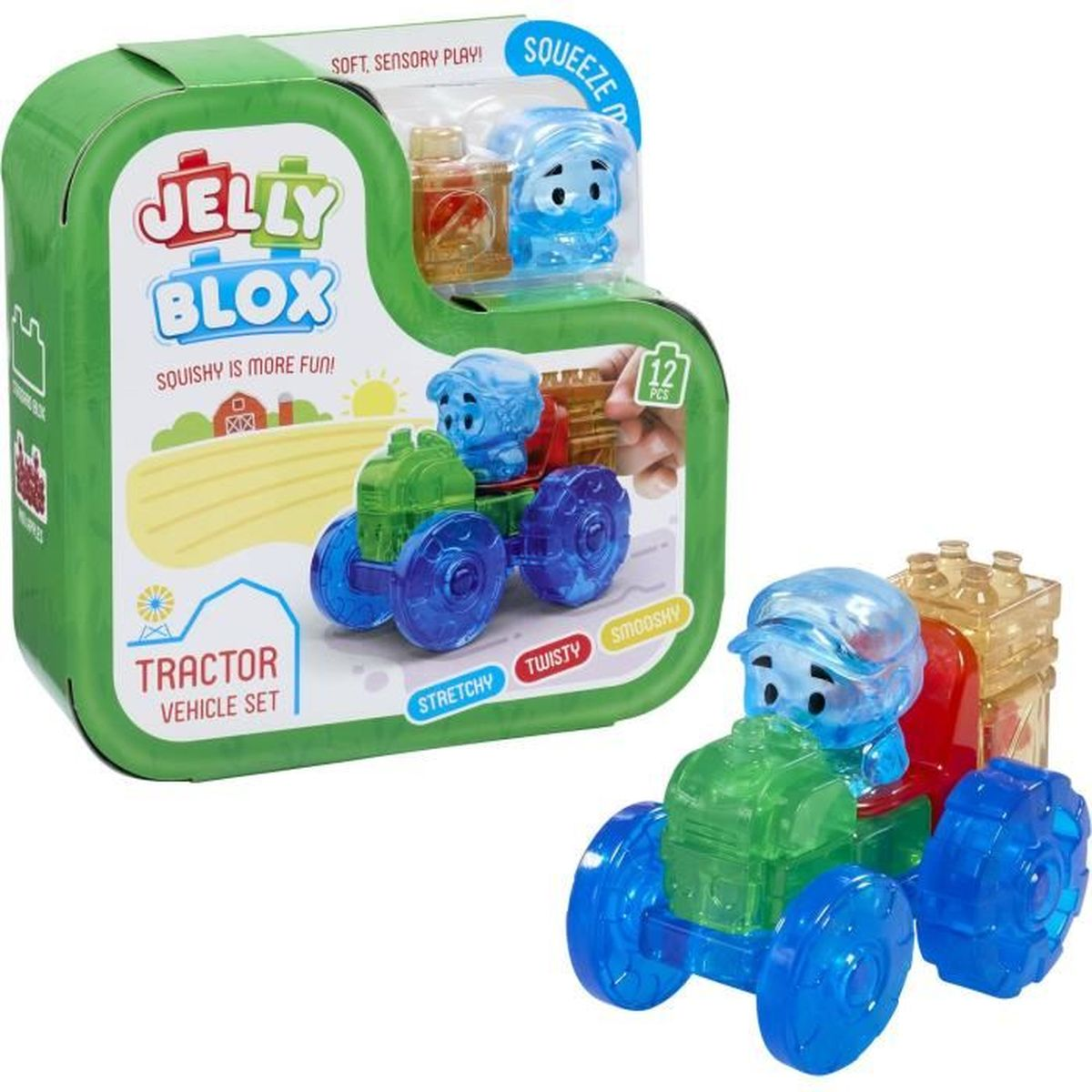 Set veicolo trattore Jelly Blox con conducente blu e parti trasparenti.