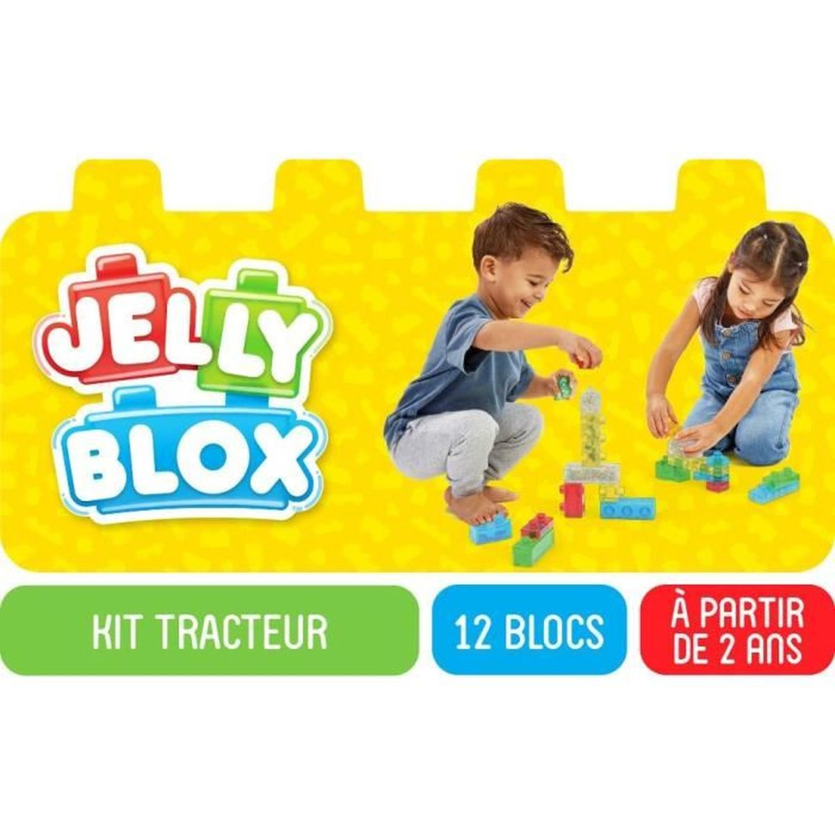 Due bambini costruiscono con blocchi colorati Jelly Blox su sfondo giallo.