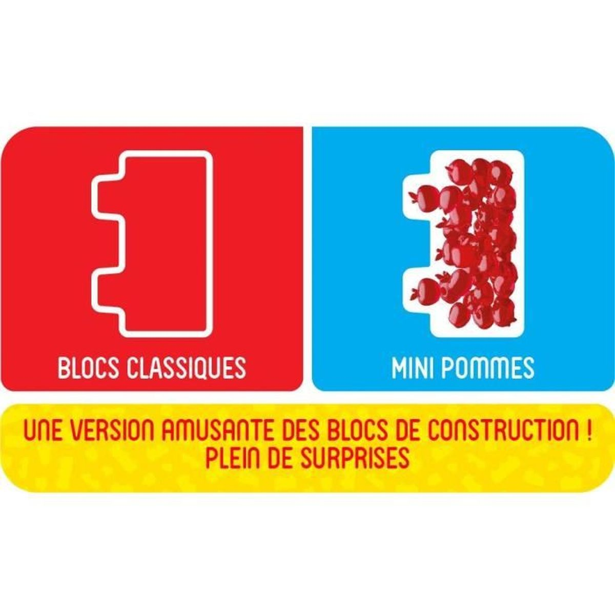 Area rossa con icona blocco bianca, area blu con mini mele rosse.
