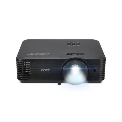 Een zwarte Acer projector met verlichte lens op witte achtergrond.
