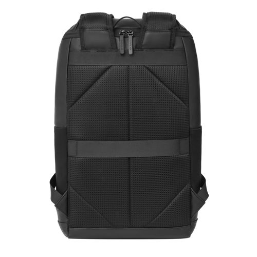 Rückseite eines schwarzen Rucksacks mit gepolstertem Rücken und Trägern.