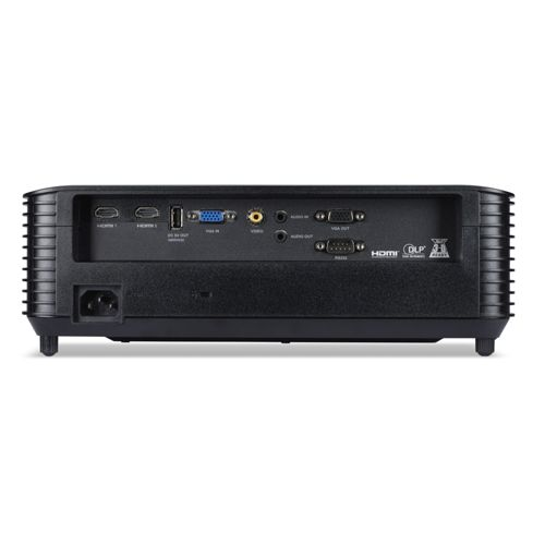 Achterkant van een zwarte projector met poorten: HDMI, USB, VGA, Video, Audio.