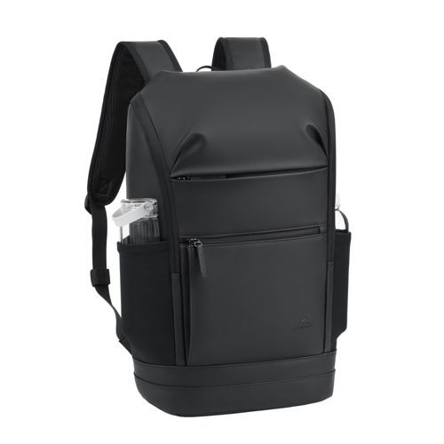 Schwarzer Rucksack mit Seitentasche für Wasserflasche.