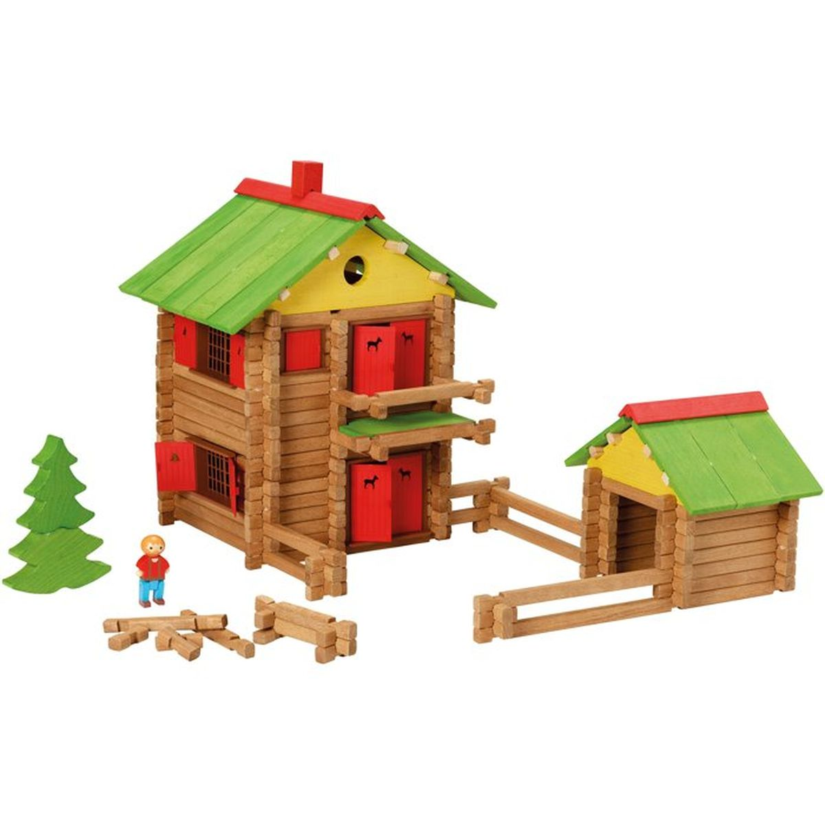 Set di giocattoli per baita in legno con casetta, fienile, albero, figura e pezzi di recinzione.