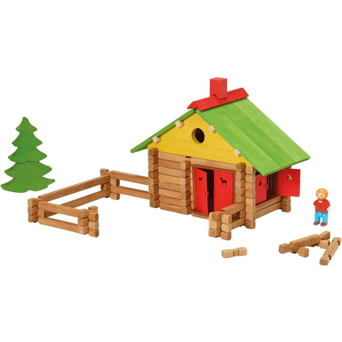 Casetta di tronchi in legno con porte rosse, tetto verde, recinzione, albero e figura.