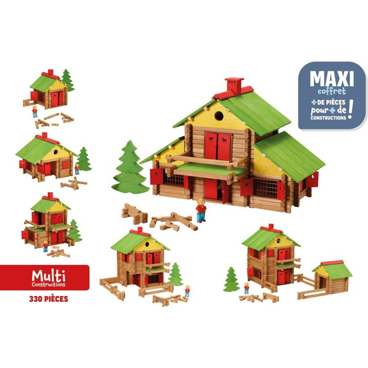 Blocchi di legno con case, alberi e figure.