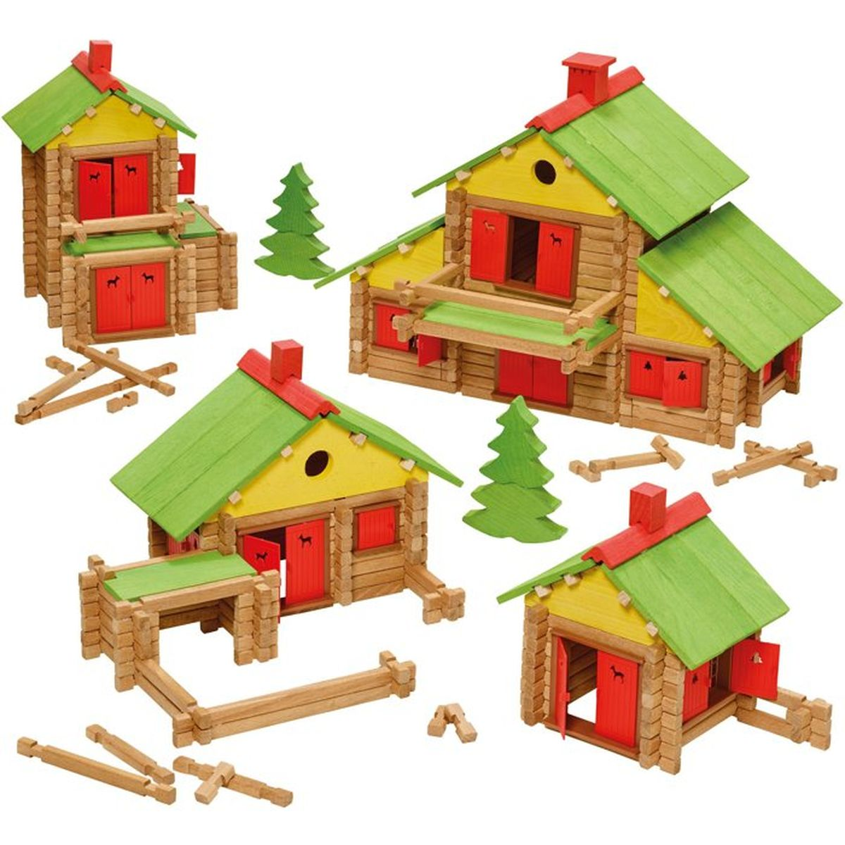 Case di legno con porte rosse, pareti gialle e tetti verdi.