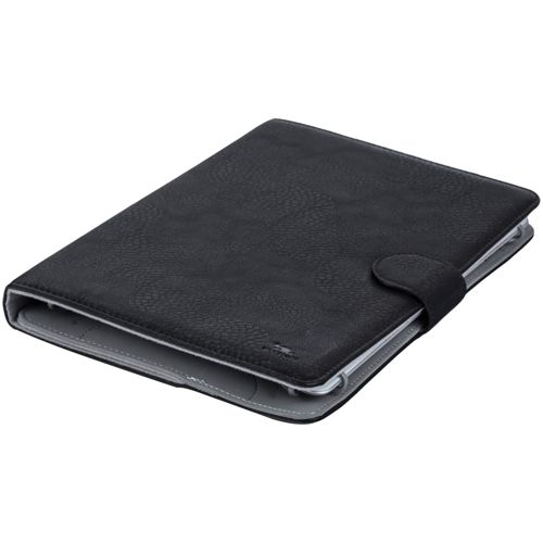 Black faux leather tablet case with button closure, on a gray background.