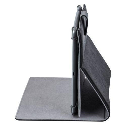 A dark gray tablet case is open, propping up a tablet. The case is on a light gray surface.