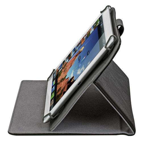 A tablet in a dark case, propped up on a surface.