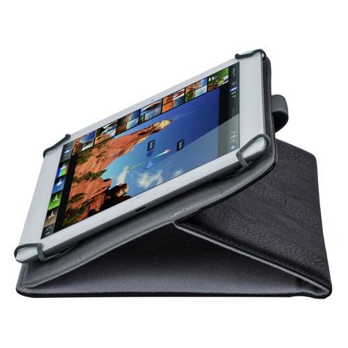 A tablet in a black case is standing upright on a white background.