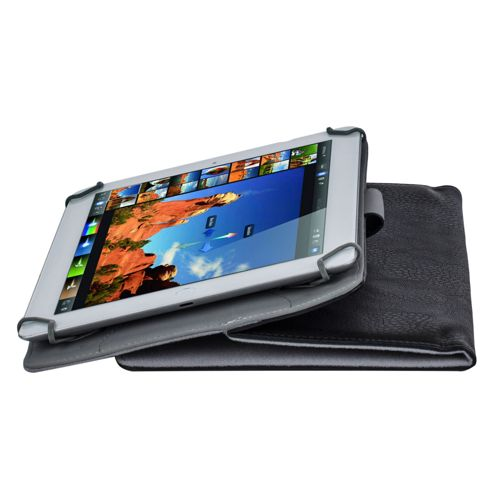 A tablet in a grey case displaying a landscape image on its screen.