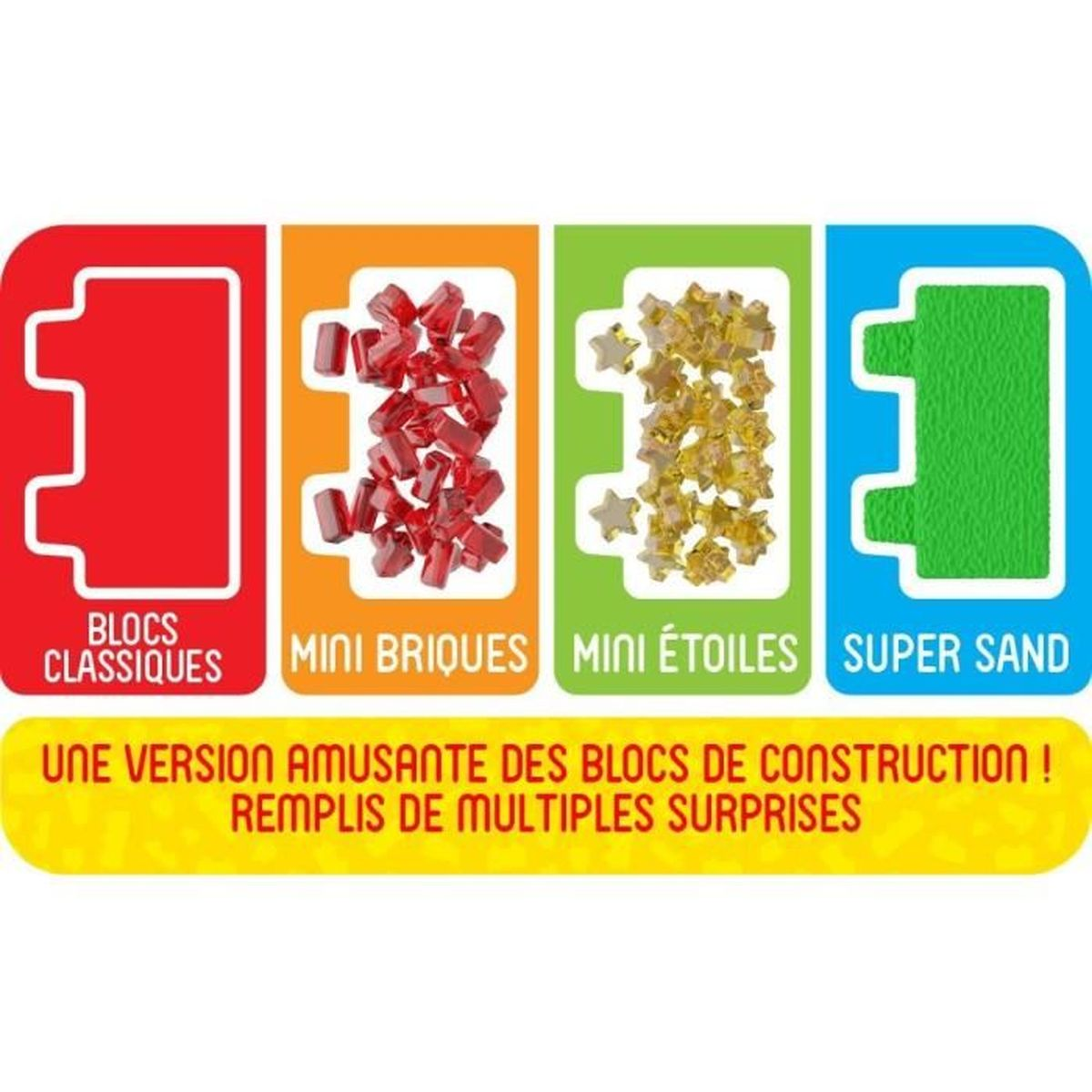 Quattro pannelli colorati mostrano il contenuto dei blocchi: blocchi rossi, mattoncini, stelle dorate, sabbia verde.