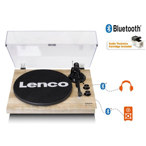 Ein Lenco Plattenspieler mit blauem Bluetooth-Symbol, Kopfhörern und Lautsprechern.