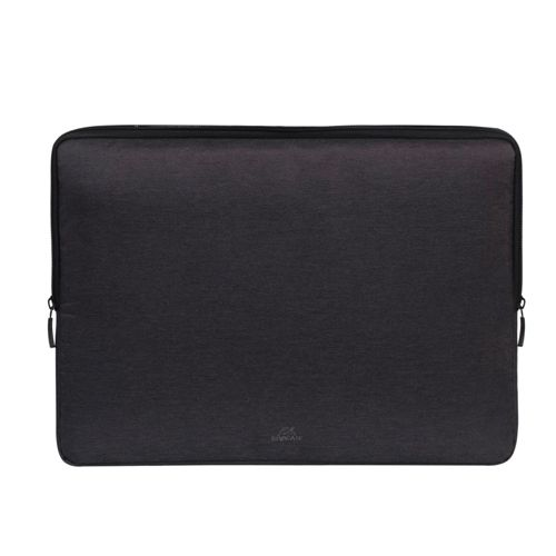 Custodia chiusa per laptop grigio scuro con cerniera e piccolo logo.