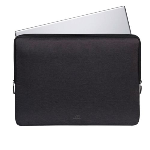 Custodia nera per laptop con laptop argentato all'interno.