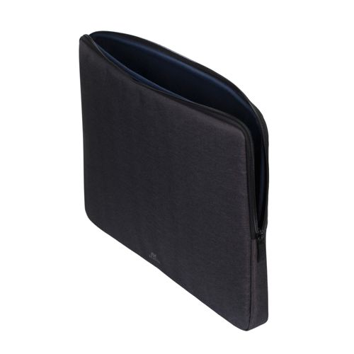 Una custodia per laptop grigio scuro con cerniera è aperta, mostrando un interno blu scuro.