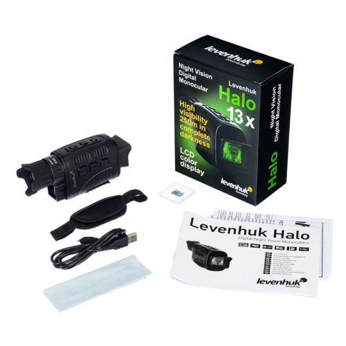 Levenhuk Halo 13x Nachtsicht-Monokular-Kit mit Zubehör und Karton.