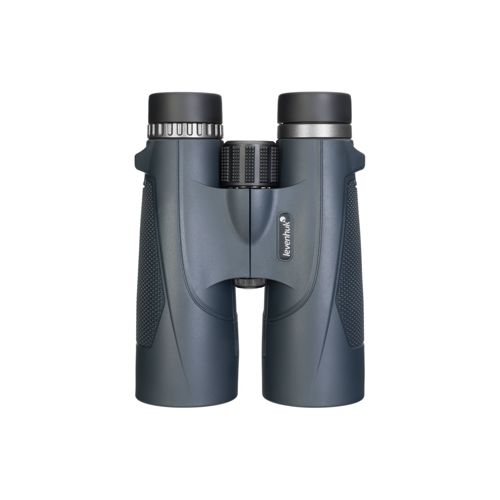Binocolo Levenhuk grigio scuro con impugnatura in gomma nera e ghiera di messa a fuoco.