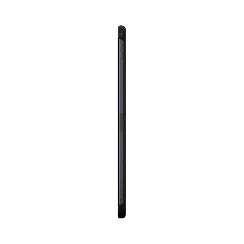 Ein schwarzes Smartphone im Seitenprofil, mit weißem Hintergrund.