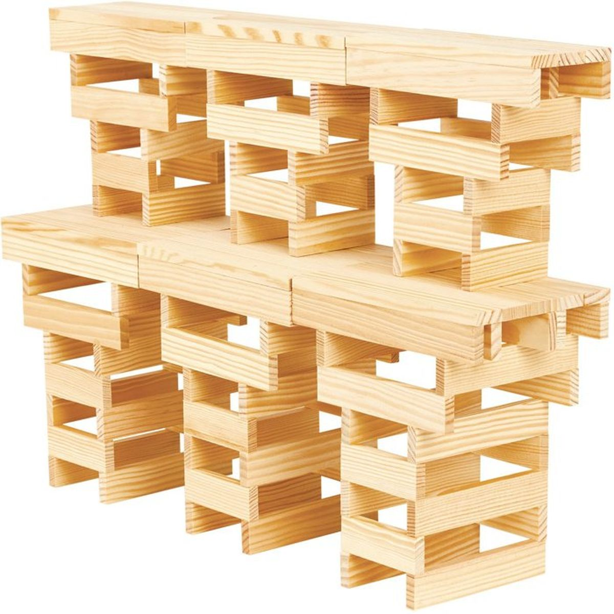 Una complessa struttura di blocchi di legno chiaro impilati l'uno sull'altro.