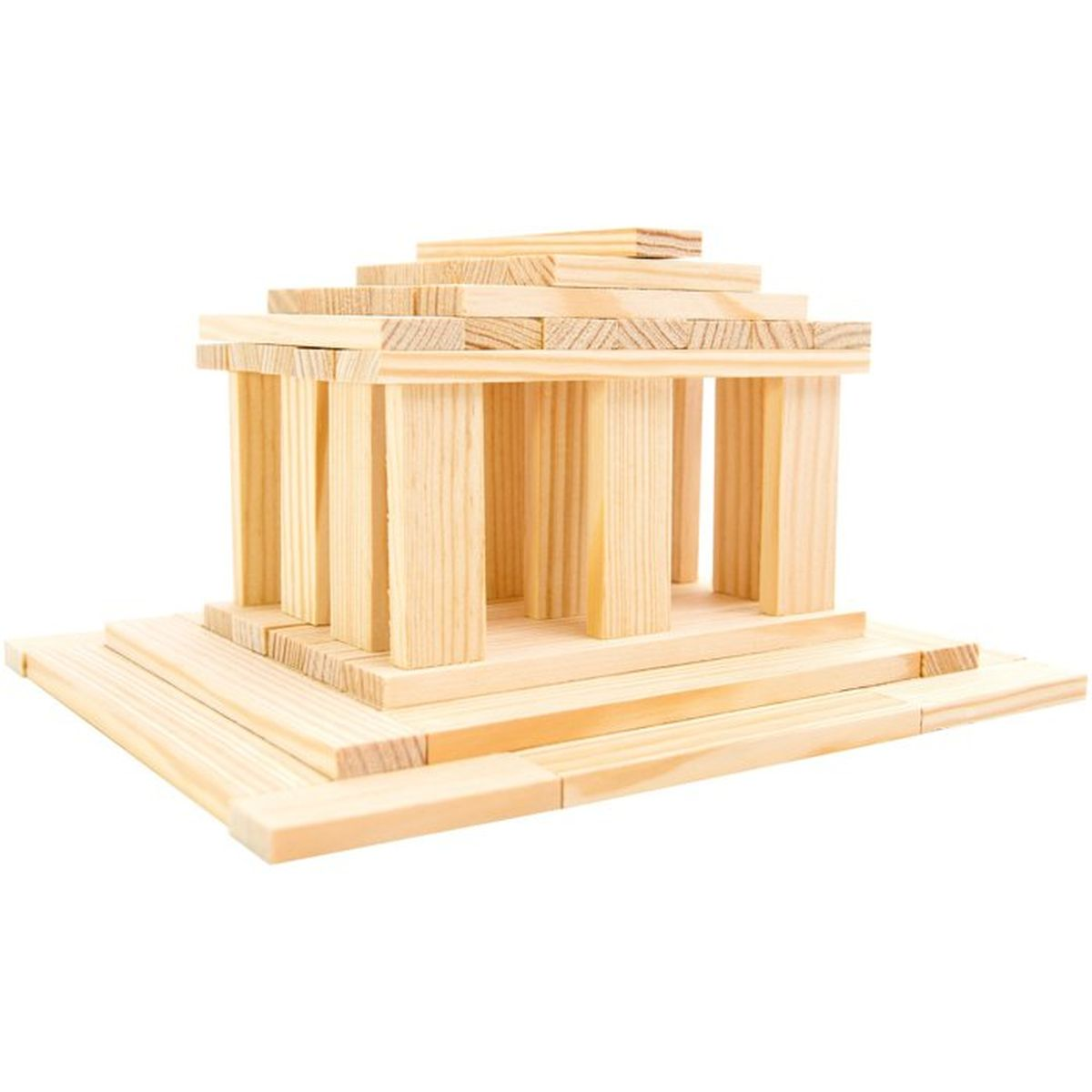 Modello di un edificio con colonne e tetto in blocchi di legno.