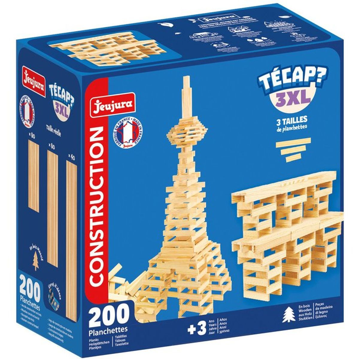 Scatola con assi di legno, che mostra una struttura simile alla Torre Eiffel e una panchina.