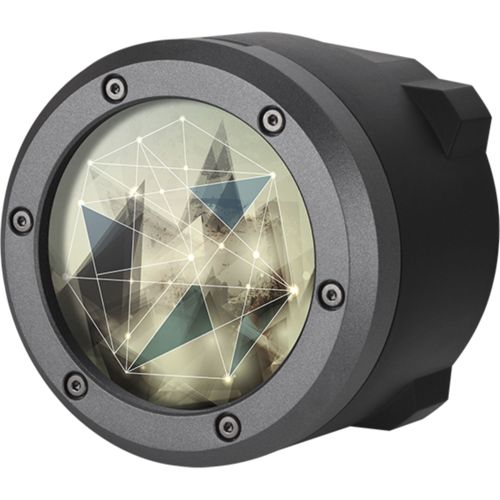 Grauer Zylinder mit Linienmuster und geometrischen Formen im Inneren.