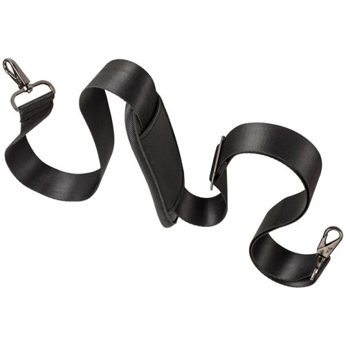 Sangle noire réglable avec fermoirs métalliques et repose-épaule rembourré.