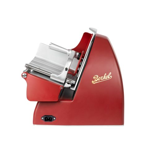 Affettatrice rossa Berkel con lama lucida e attacco corrente.