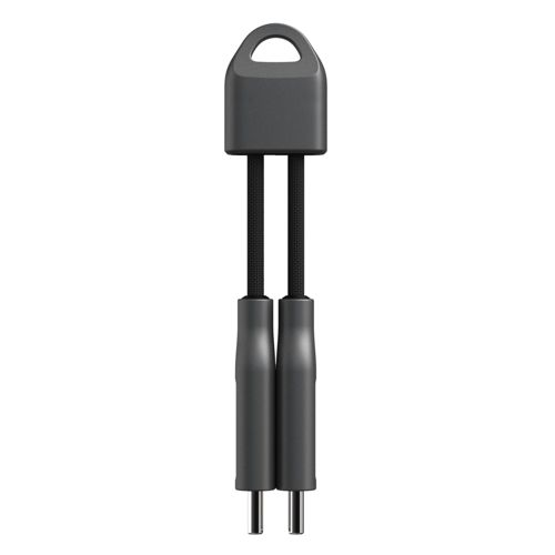 Un cavo grigio con due spine e un anello in alto.